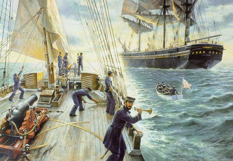 9.	This painting depicts the Cutter Morris on patrol in July 1861, when its crew boarded the merchant ship Benjamin Adams, which was carrying 650 Scottish and Irish immigrants at the time (Coast Guard Collection)