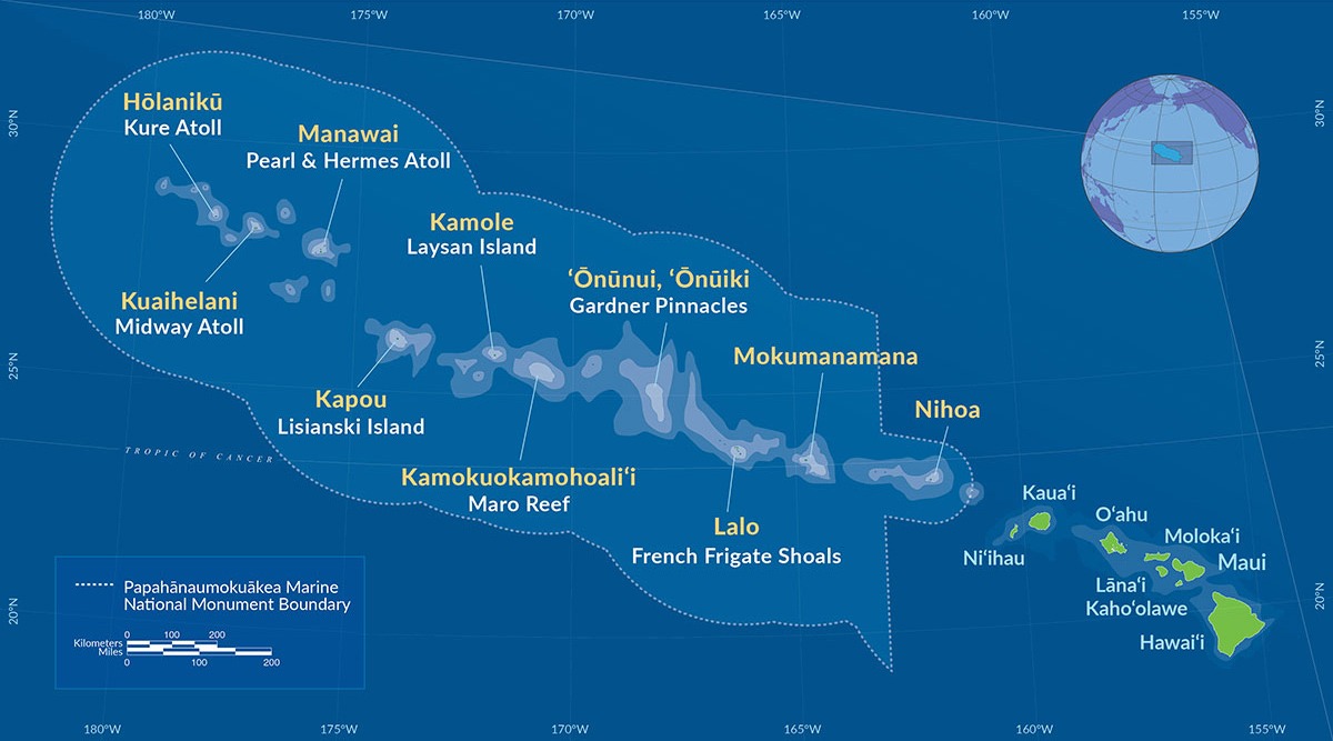 Chart showing the islands that make up the Hawaiian Marine Monument, formerly Roosevelt’s bird reservation. (NOAA)