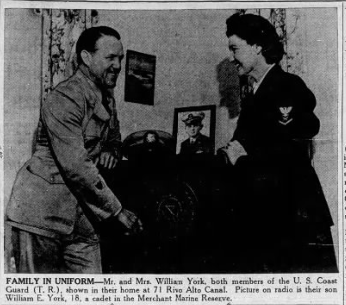 Temporary Reservists Bill and Alberta York in uniform with picture of their son, in May 1944. (The Long Beach Sun, May 23, 1944)
