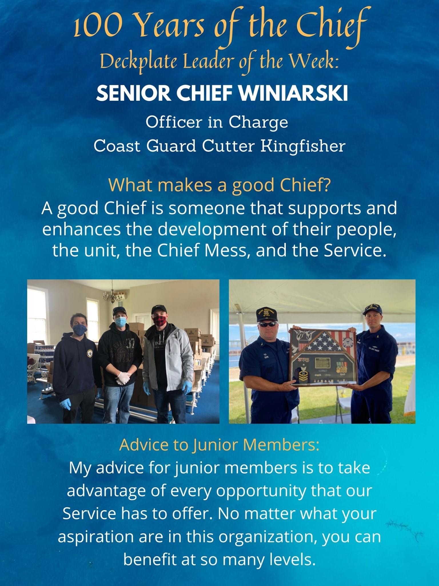 Image of Senior Chief Winiarski receiving an award, helping members. A good Chief is someone who supports and enhances the development of their people, the unit, the Chief Mess, and the Service. 