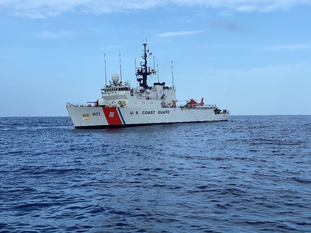 The U.S. Coast Guard Cutter Bear, a 270-foot medium endurance cutter, transits the Atlantic Ocean off the west coast of Africa. During its deployment, Bear’s teams strengthened the Coast Guard’s partnership with Cabo Verde and trained in countering illicit maritime activity, including counter-narcotics and illegal, unregulated, and unreported fishing. (U.S. Coast Guard Photo by Ensign Connor Brown)