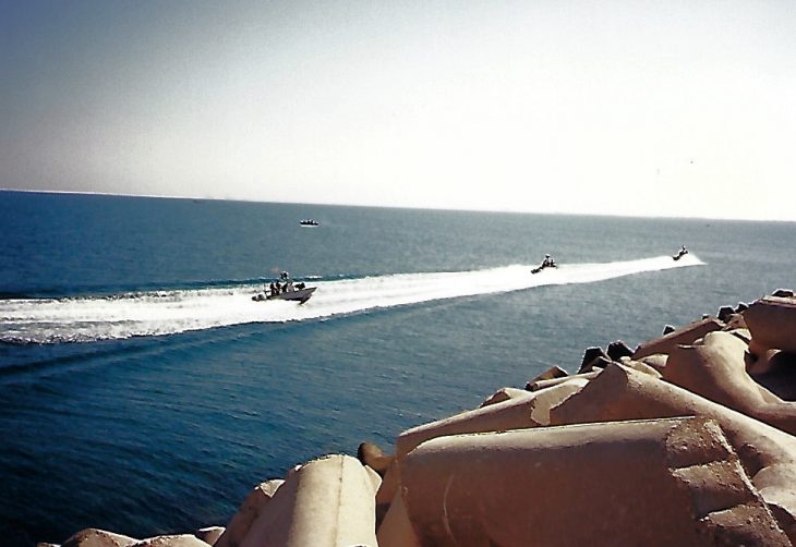 Coast Guard boats from Port Security Unit 301 patrol the waters around Al Jubayl, Saudia Arabia. Because the Coast Guard had 22-foot boats they were able to provide security for the bigger ships coming into the harbor. The Coast Guard boats had M2s and M60s to provide security.