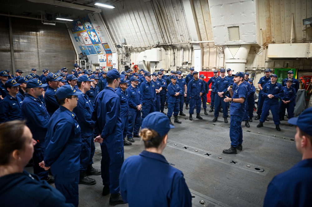 Capt. Bill Woityra, the commanding officer of the Coast Guard Cutter Polar Star (WAGB 10), speaks to his crew during quarters while underway in the Bering Sea Monday, December 14, 2020. The Polar Star is underway for a months-long deployment to the Arctic to protect the nation’s maritime sovereignty and security throughout the region. U.S. Coast Guard Photo by Petty Officer First Class Cynthia Oldham. 