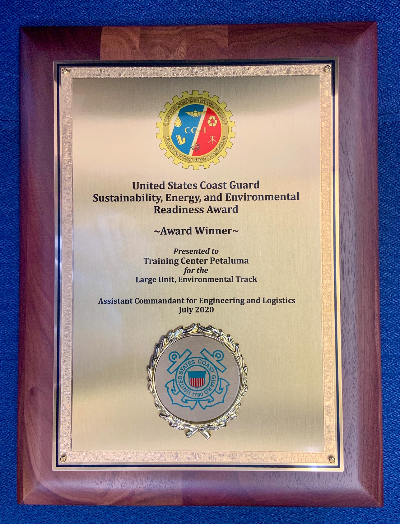 PETALUMA, Calif. – In a virtual presentation, the Assistant Commandant for Engineering and Logistics presents Training Center Petaluma the Sustainability, Energy, and Environmental Readiness (SEER) Award for their comprehensive approach to facility-wide sustainability efforts for fiscal year 2019 in the large unit category, Aug. 14, 2020. (U.S. Coast Guard photo)