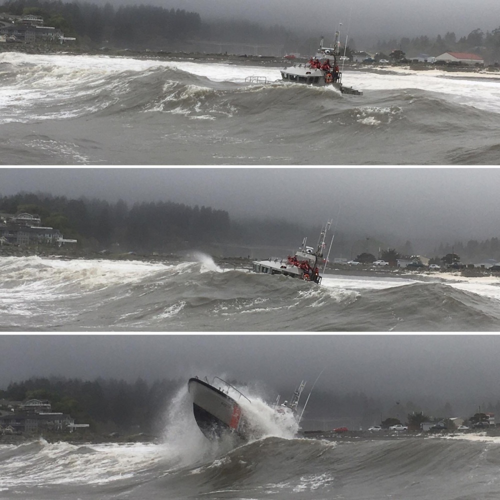 Petty Officer 1st Class Raymond Aguilar (surfman #557), a boatswain's mate at Station Yaquina Bay trains in surf conditions near Newport, Oregon, Feb. 15, 2019. Coast Guard surfman are qualified to operate a 47-foot motor lifeboat in 20-foot breaking surf, 30-foot seas and 50-knot winds. (U.S. Coast Guard illustration by Petty Officer 1st Class Raymond Aguilar)