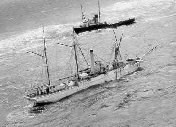 Bear departed Nova Scotia under tow on March 16, 1963, bound for Philadelphia, where she was to be converted into a floating restaurant and museum. Underway in a gale, her towline parted and foremast. Her tug escort Irving Birch (seen here) was unable to save her, and the ship sank approximately 90 miles south of Cape Sable. (U.S. Coast Guard) Bear departed Nova Scotia under tow on March 16, 1963, bound for Philadelphia, where she was to be converted into a floating restaurant and museum. Underway in a gale, her towline parted and foremast. Her tug escort Irving Birch (seen here) was unable to save her, and the ship sank approximately 90 miles south of Cape Sable. (U.S. Coast Guard)