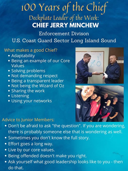 Our Deck Plate Leader of the Week is Chief Petty Officer Jerry Minchew, a maritime enforcement specialist from U.S. Coast Guard Sector Long Island Sound!