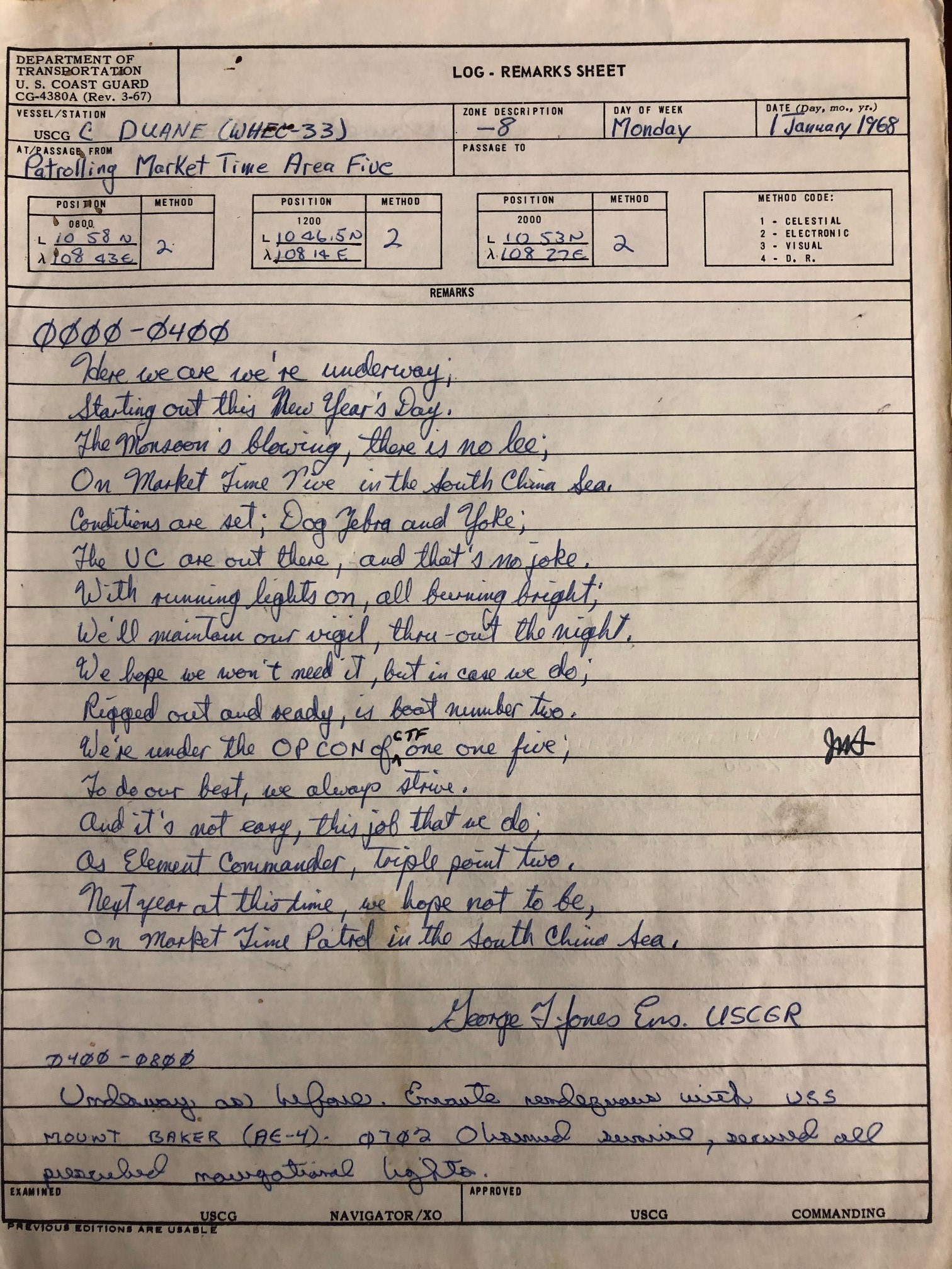 The watch log from Jan. 1, 1968, from the USCGC DUANE off the southern coast of Vietnam.
