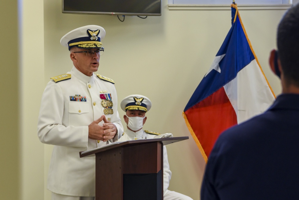 Rear Adm. John P. Nadeau, commander, Eighth Coast Guard District, addresses an audience during the establishment ceremony for Base Galveston Sept. 29, 2020, in Galveston, Texas. The ceremony was presided over by Rear Adm. Melvin W. Bouboulis, Director of Operational Logistics. (U.S. Coast Guard photo by Petty Officer 2nd Class Ryan Dickinson)