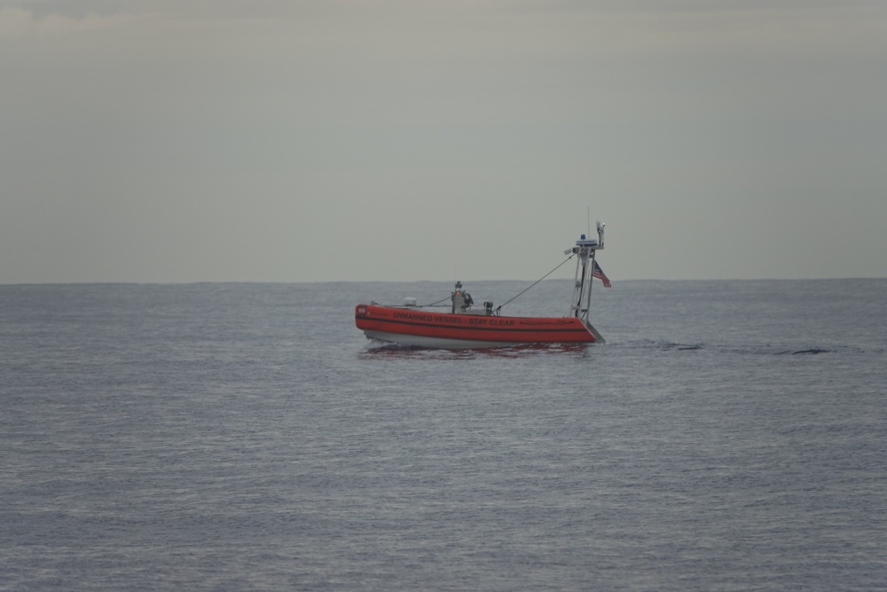 A Coast Guard prototype unmanned surface vehicle (USV) performs a test off Oahu, Hawaii, Oct. 27, 2020. The test showed ways USVs might support the Coast Guard’s many missions around the globe ranging from search and rescue, to law enforcement. (U.S. Coast Guard photo courtesy of the Coast Guard Research and Development Center/Released)