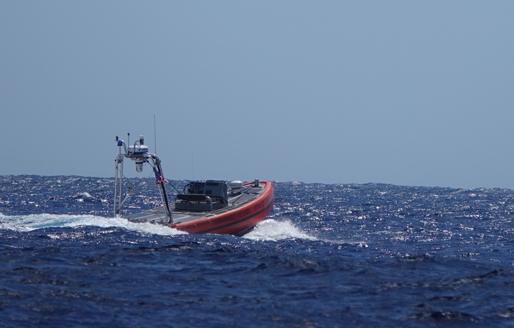 A Coast Guard prototype unmanned surface vehicle performs a test off Oahu, Hawaii, Oct. 7, 2020. The focus of the test was to explore how current and emerging technologies might be used to enhance maritime domain awareness in remote regions. (U.S. Coast Guard photo courtesy of the Coast Guard Research and Development Center/Released)