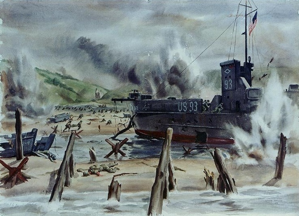 Watercolor by Navy Combat Artist Dwight Shepler titled “The Tough Beach” showing LCI-93 aground and holed on Omaha Beach. (U.S. Navy Art Collection)
