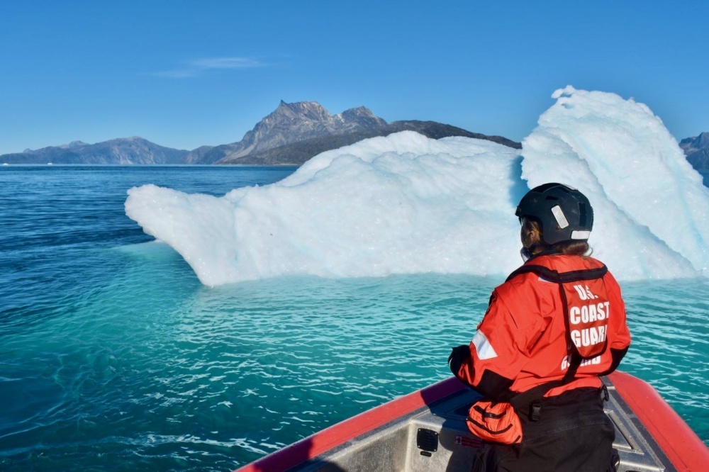 As part of Operation Nanook, the crew of the U.S. Coast Guard Cutter Campbell (WMEC 909) participate in Argus, a search and rescue exercise, off Greenland Aug. 17, 2020. The crew conducted many drills throughout the operation. (U.S. Coast Guard photo by Ensign Ross Kolko and Ensign Heaven Bailey/Released)