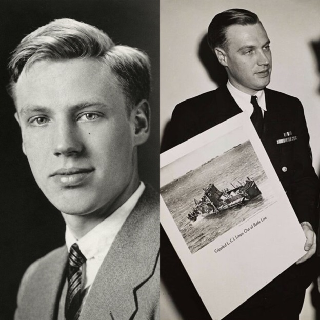 1.	Robert Sargent’s graduation photograph from the Chatham Chatter 1936 Yearbook (left). As part of his public relations duties, Robert F. Sargent, CPhoM, shows Clyde Wilson a photograph of the battle-blasted LCI-85 that Wilson, a Coast Guard Motor Machinist’s Mate, served on D-Day. The photo was printed as part of the “GRAFLEX Sees the War” photo series and was taken in 1945 (right). (Courtesy of author/NARA)