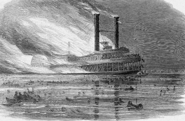 An engraving showing the fire aboard the Sultana
