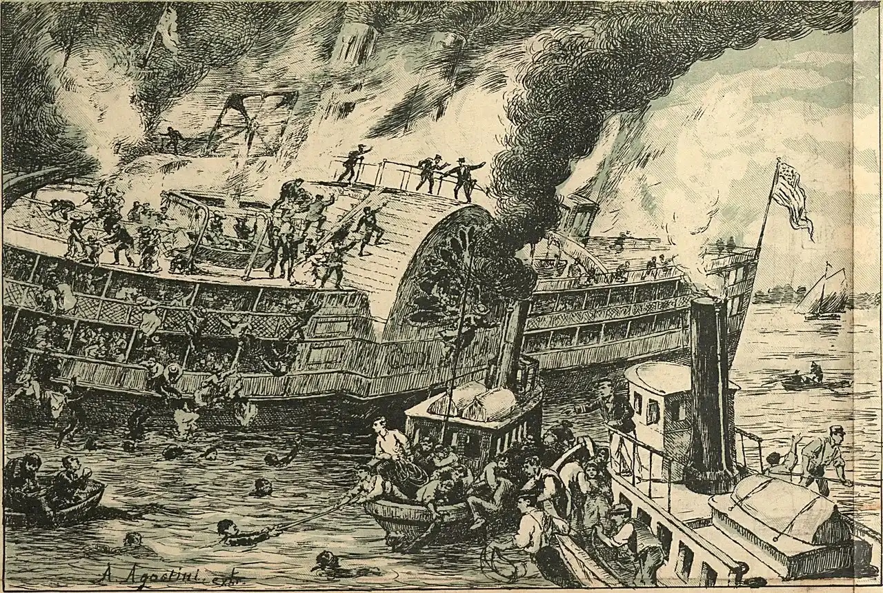 4.	A contemporary engraving showing the carnage wrought by the General Slocum fire. (Wikipedia)