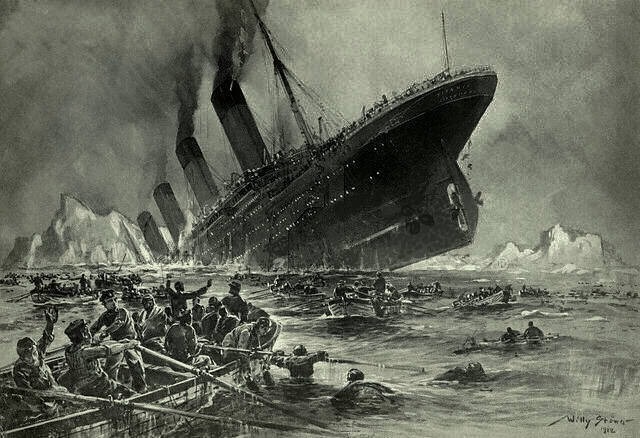 7.	A contemporary engraving showing the mighty Titanic as she begins her descent into the icy waters of the North Atlantic. (Wikipedia)