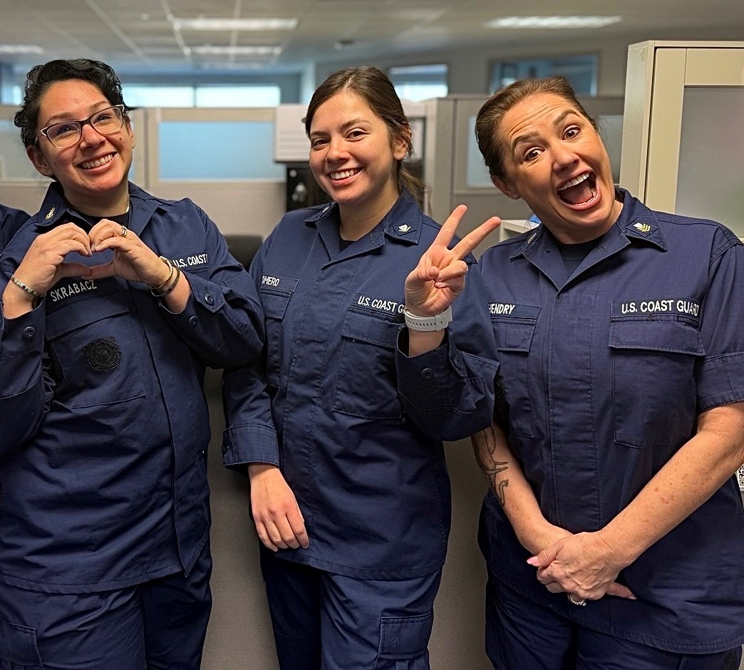 Chief Petty Officer Julia Skrabacz, Petty Officer 2nd Class Yaressly Romero, and Petty Officer 1st Class, yeomen reservist with the Reserve Mobilization Team, pose together in a photo, Nov, 2026.   The Reserve Mobilization Team works with commands to process orders, ensuring families receive medical coverage and support during high deployments. 