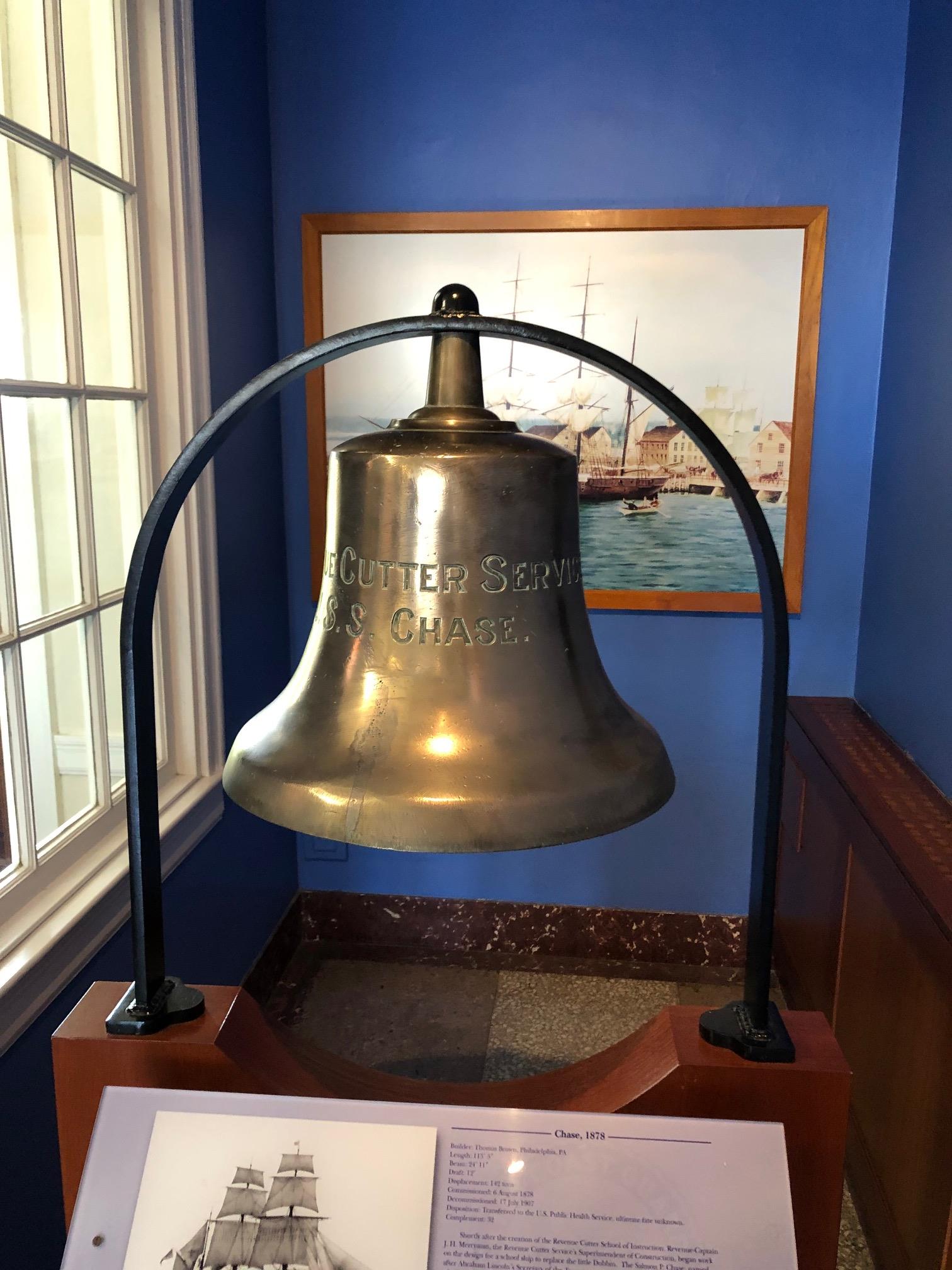 Ship’s bell from the Training Ship Chase on display in Chase Hall at the Coast Guard Academy. (U.S. Coast Guard)