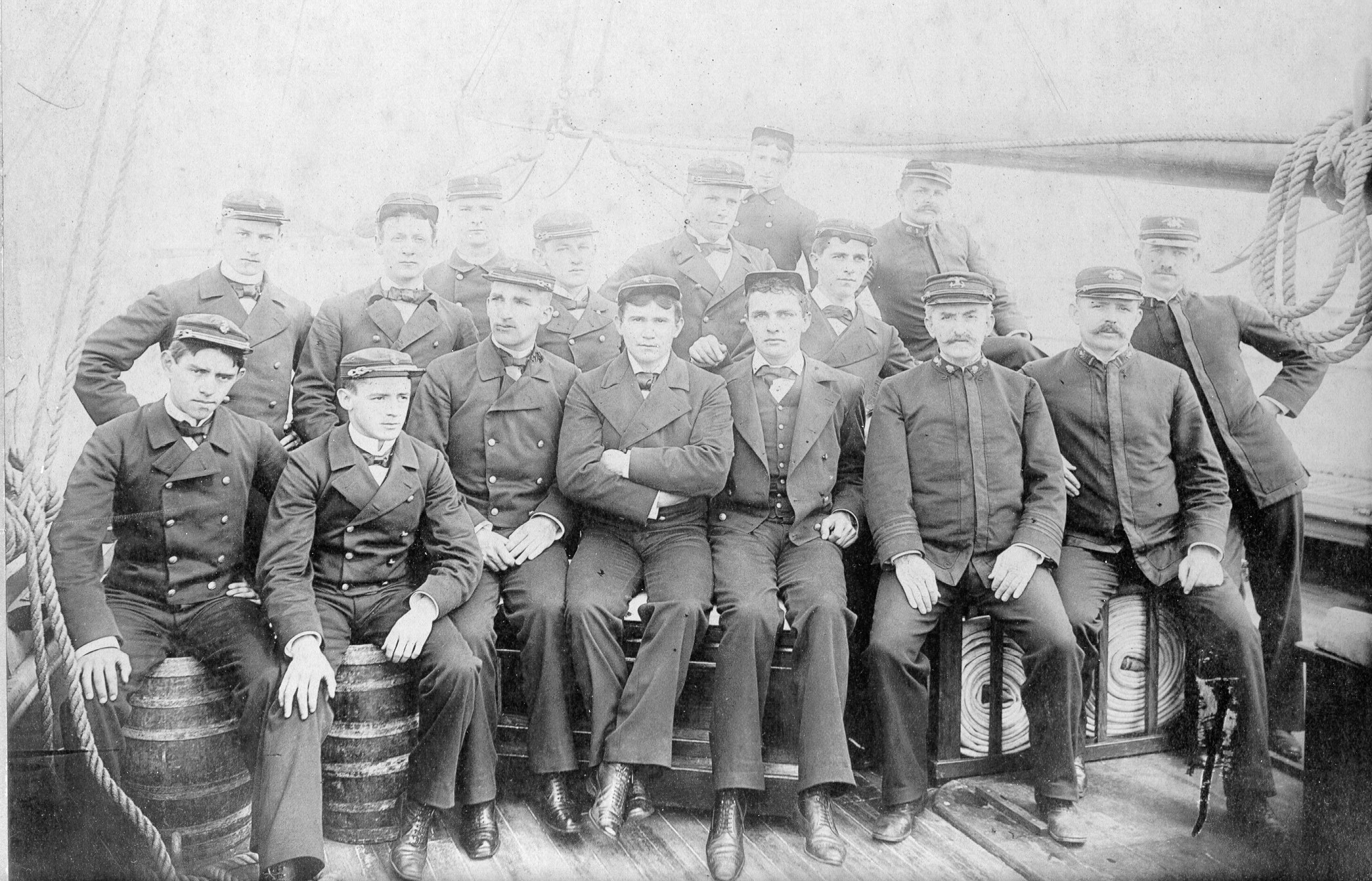 Vintage group photo of cadets and crew posed on board the Chase. (U.S. Coast Guard)