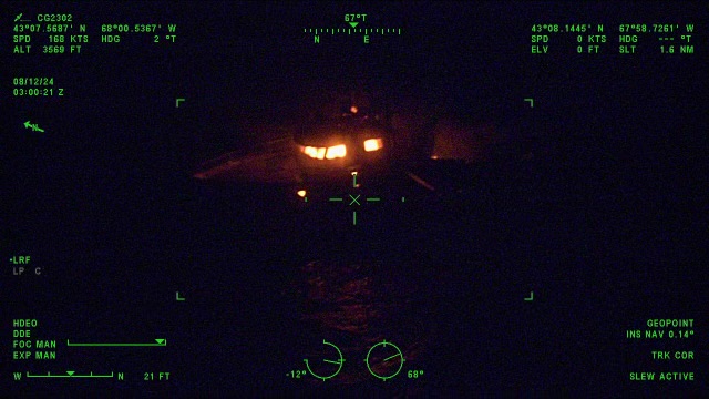 The U.S. Coast Guard rescued six people after a boat fire on the fishing vessel Three Girls led to them abandoning ship 105 nautical miles east of Portsmouth, New Hampshire, Aug. 11, 2024. The following morning, the six people rescued were safely transferred to a pier in South Portland, Maine. (U.S. Coast Guard Courtesy Photo)