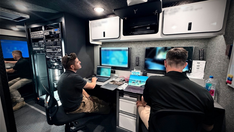 A photo of the C-UAS Command Vehicle.  Shot taken at a different stadium.