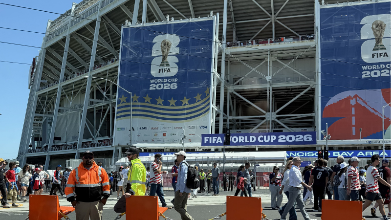 Security barriers block off the entrance to Levi’s Stadium as fans arrive for the FIFA World Cup match between the USA and Bosnia-Herzegovina in Santa Clara, Calif. on July 1, 2026. Coast Guard Counter-UAS teams safeguarded the airspace during this match and the five preceding it, as part of an historic deployment.