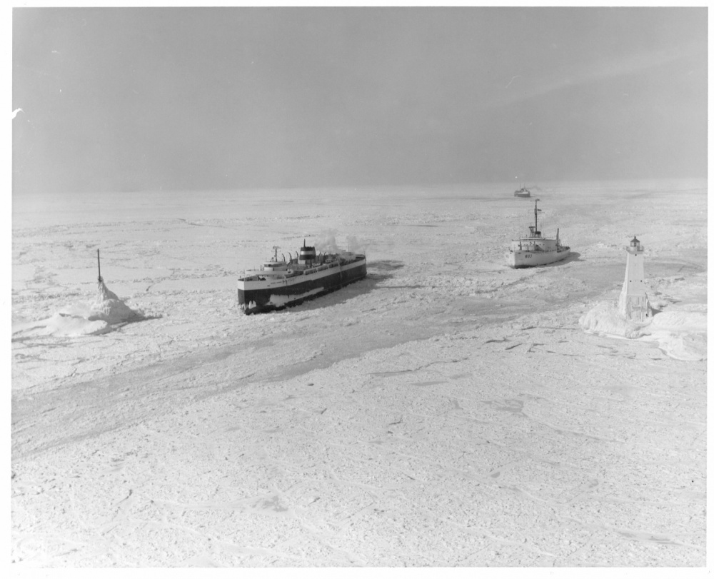 Coast Guard Cutter Mackinaw on duty freeing Great Lakes car ferries trapped in the ice. (U.S. Coast Guard Photo)